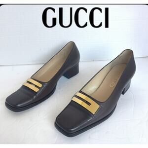 Vintage Gucci Brown Leather Square Toe Gold Plate  Block Low Heel Pumps 6C Wide